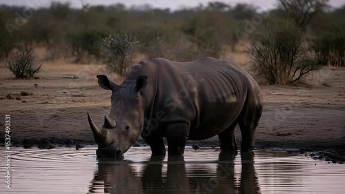 Rhino Drinking Water at Dusk in the African Wilderness