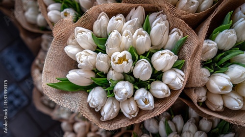 Fresh White Tulips Arranged in Burlap Bouquets at a Local Flower Market