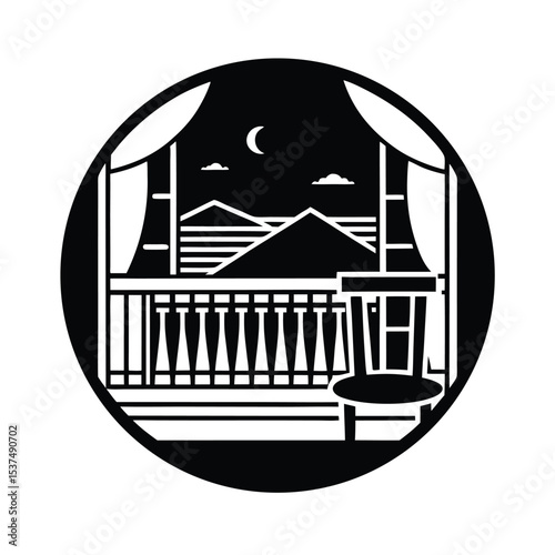 Balcony view at night black and white icon