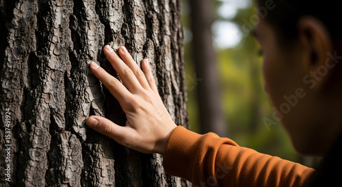 Hand Touching Tree Bark in Forest Connection.
