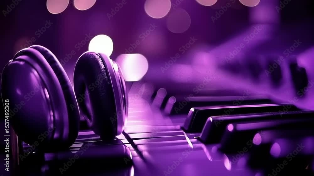 Purple Hues of Melodies: Headphones Resting on a Piano Keyboard ready to play