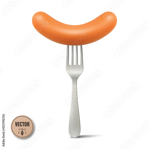 Grilled Sausage on Fork, Vector Illustration. Realistic Cooked Sausage with Grill Cuts for BBQ Menu, Picnic Food, Meat Product Design, Restaurant Icon, Butcher Branding, Culinary Concept, Packaging