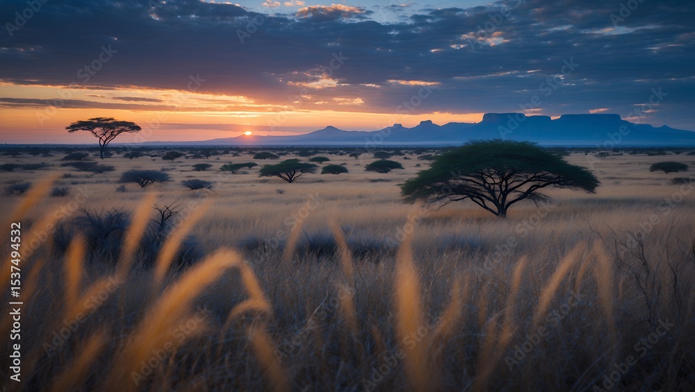 Obraz premium Savanna Landscape with Trees at Sunset and Mountain Range