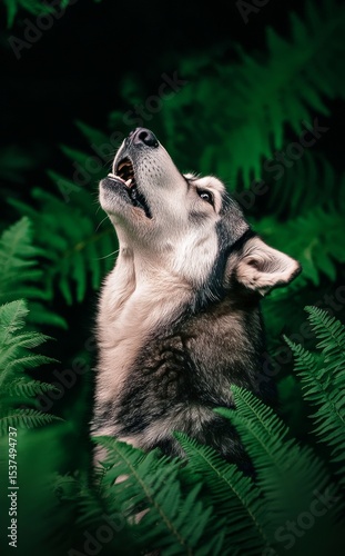 Wolf Howling in the Forest Surrounded by Lush Ferns During Twilight Hours.