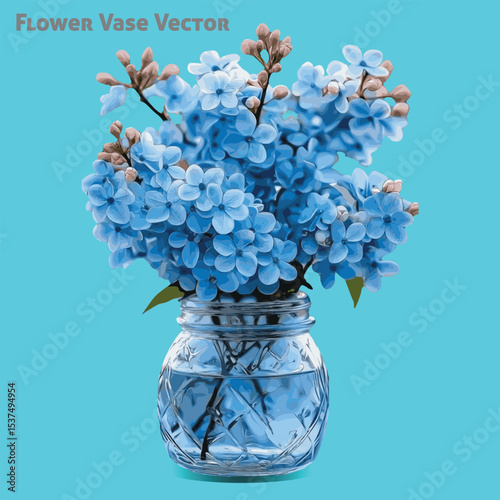 Lilac flowers in a glass vase on cyan background