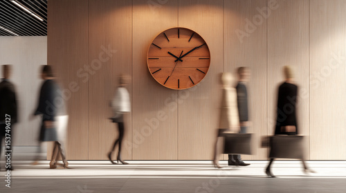 People walking past a large wall clock in a modern hallway, symbolizing time and routine.
 photo