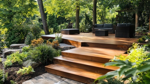 Multilevel wooden deck amidst lush greenery, transitioning to a shady seating area