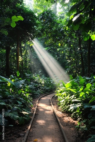 Sunlight Streams Through Dense Forest Canopy Illuminating Winding Path in Tro...