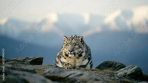 Big Cat Resting on Rocky Mountain Peak Against Sky