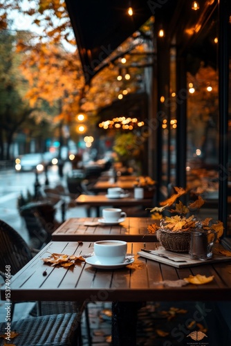 Cozy Outdoor Cafe on a Rainy Autumn Day With Warm Light and Charming Decor.