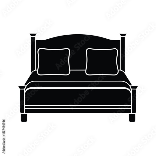 Simple bed icon silhouette with two pillows