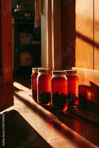 Homemade Fruit Preserves in Jars Bathed in Warm Sunlight Near an Old Wooden D...