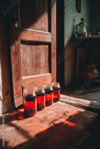 Sunlight Streaming Through a Door Highlighting Jars With Colorful Liquid on t...
