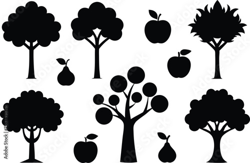 Black silhouettes of fruit trees and fruit
