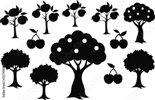Black silhouettes of fruit trees and cherries isolated on white