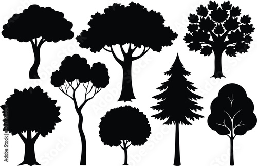 Collection of black silhouettes various trees nature