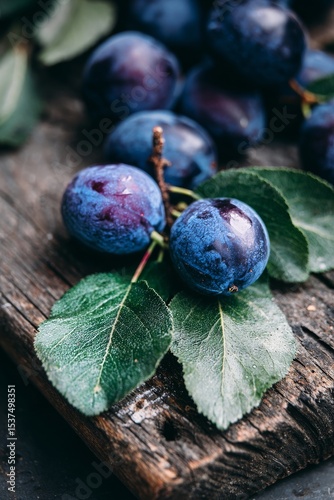Plums and Green Leaves Arranged on a Rustic Wooden Table in Natural Light.