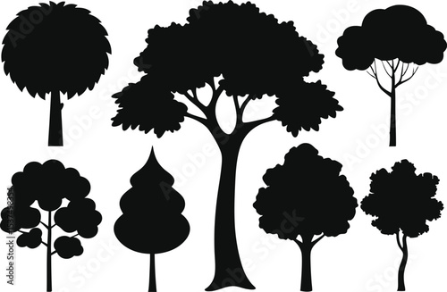 Collection of black silhouettes of various trees