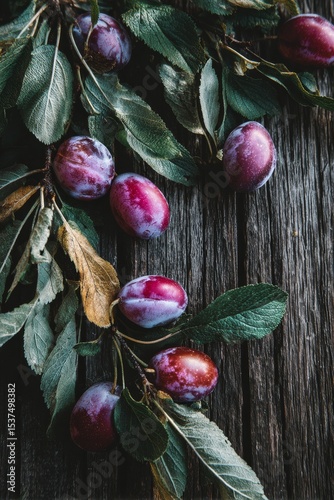 Plums and Green Leaves Arranged on a Rustic Wooden Table in Natural Light