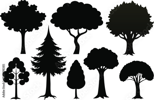 Collection of black silhouettes various trees nature forest