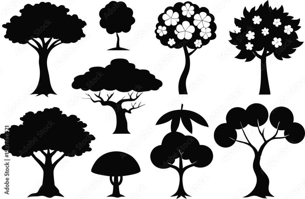 Fototapeta premium Collection of black silhouettes various tree types nature
