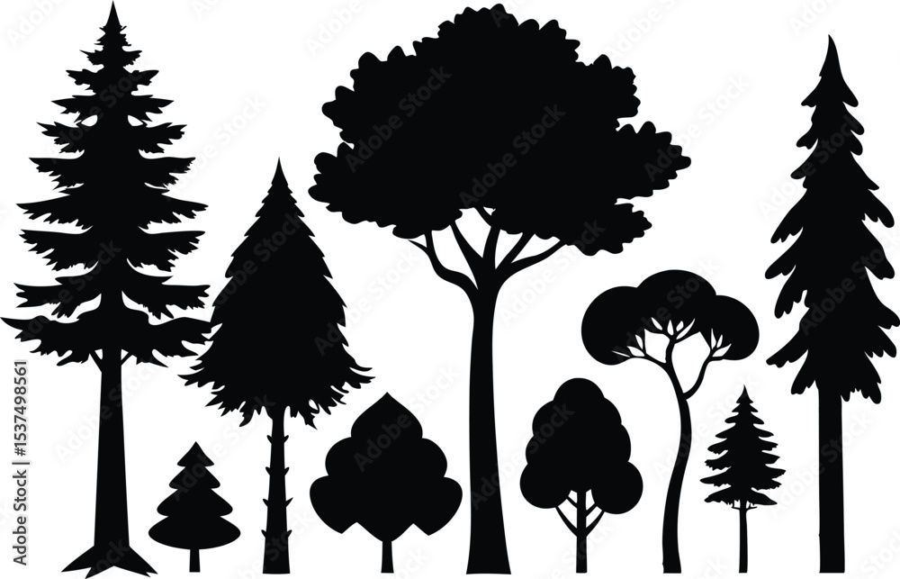 Fototapeta premium Collection of silhouettes various trees forest nature