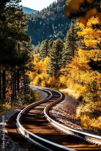 Scenic Train Tracks Winding Through Vibrant Fall Colors in Mountainous Landsc...