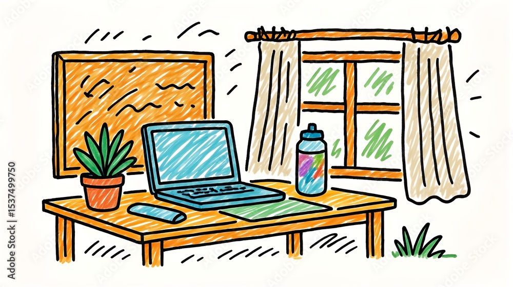 Fototapeta premium Cozy Home Office Illustration with Laptop, Plant, and Window View, Doodle Style