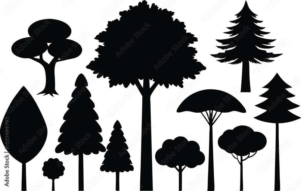 Fototapeta premium Collection of black silhouettes various trees nature forest