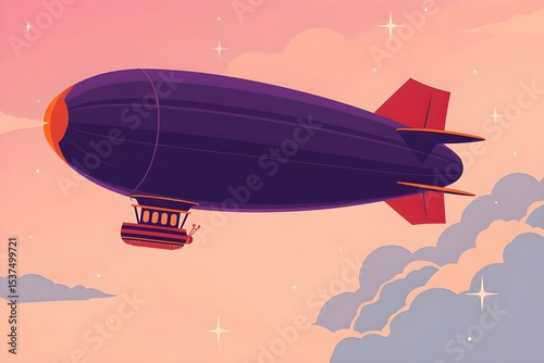 A flat illustration of a purple and orange airship flying above clouds with a pink sky and stars.