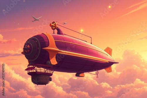 An anime-style illustration of a purple-orange airship in a golden hour sky, with soft clouds and sparkling stars.