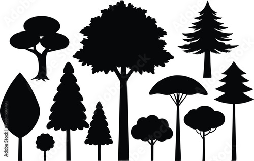 Collection of black silhouettes various trees nature forest