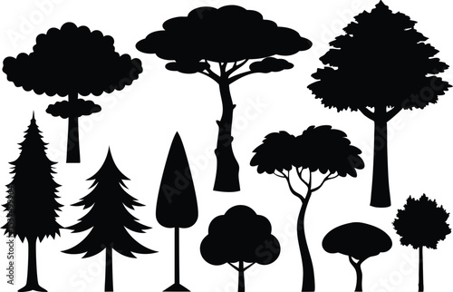 Collection of various tree silhouettes black and white