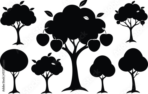 Collection of black silhouette trees and fruit trees