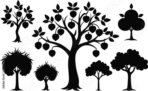 Collection of black silhouette trees and plants isolated on white