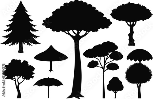 Collection of black silhouette trees and umbrellas