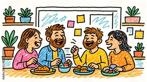 Cartoon Illustration of a Group of Friends Enjoying a Meal Together at a Table in a Bright and Cheerful Setting