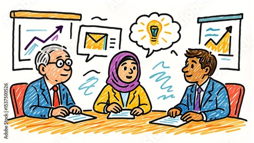 Diverse Business Team Brainstorming Ideas in a Meeting Illustration with Charts and Graphs