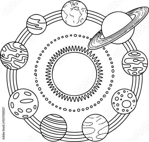 Solar System Planets Orbiting Sun Black and White Line Art