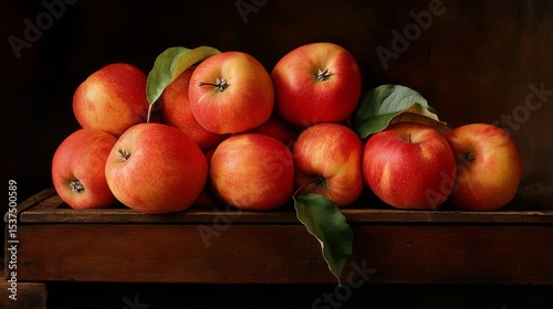 Freshly Harvested Red Apples Stacked on a Wooden Surface With Green Leaves Du...