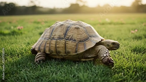 Turtle Walking Slowly in Green Grass at Sunset