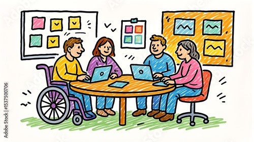 Diverse Team Collaboration Meeting Around a Table with Laptops, Colorful Doodle Style Illustration