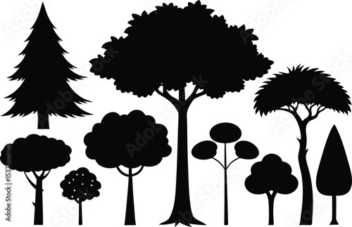 Collection of black silhouettes various trees and shrubs