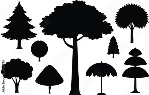 Collection of black silhouettes various trees and umbrellas
