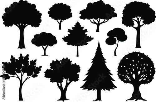 Collection of black silhouettes various trees nature forest