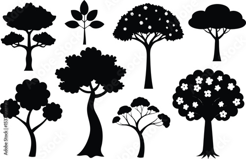 Collection of black silhouettes various trees nature botanical illustration