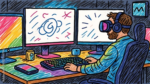 Man Wearing VR Headset Immersed in Virtual Reality Experience with Multiple Monitors and Creative Workspace Illustration