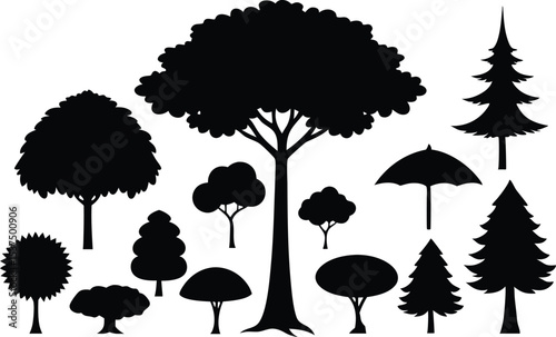 Collection of silhouettes various trees and umbrella