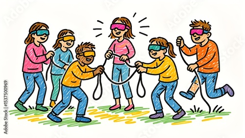 Cartoon Illustration of Children Playing Blind Man's Bluff with Ropes and Blindfolds in a Playful Scene