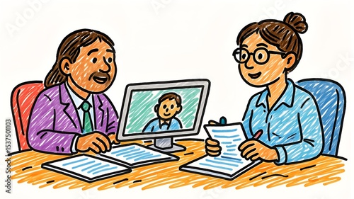 Online Job Interview Illustration: Two Interviewers Conducting a Virtual Meeting with a Candidate